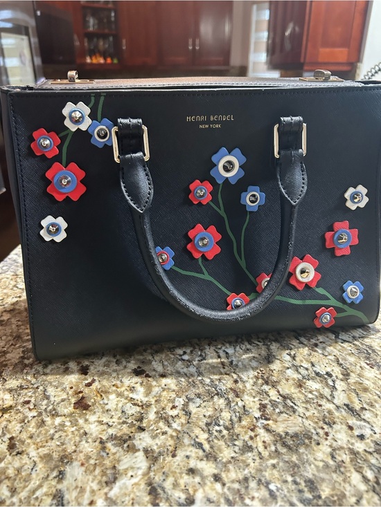 henri bendel Handbags - Henri Bendel Black Satchel with Red, Blue and White Floral Accents